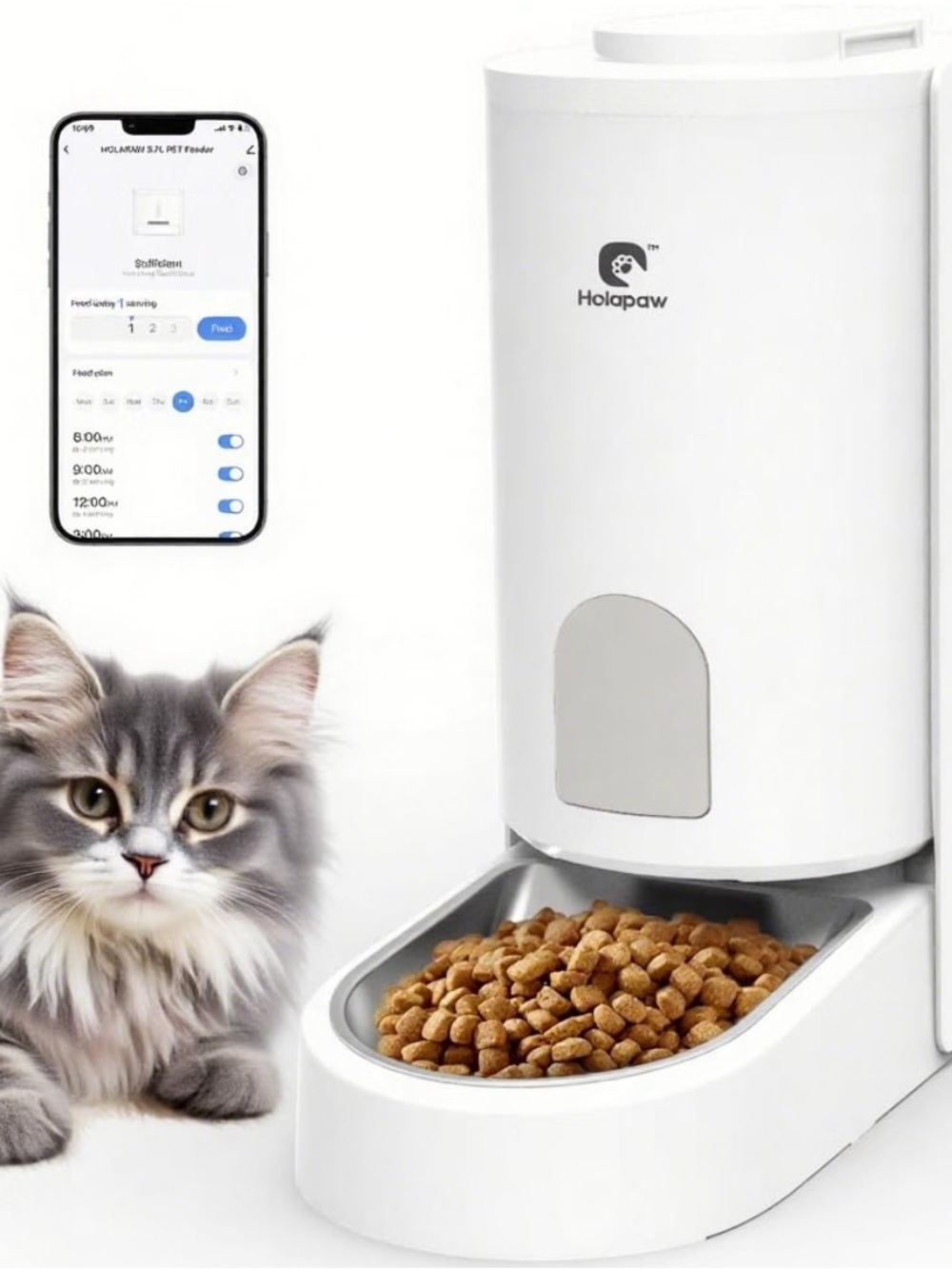 Automatic White Pet Feeder with Silver Bowl